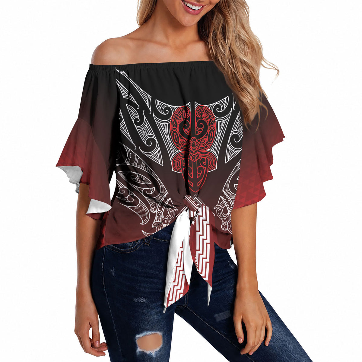 Aotearoa Maori Iwi Heritage Off Shoulder Wrap Waist Top Ngapuhi Kokowai