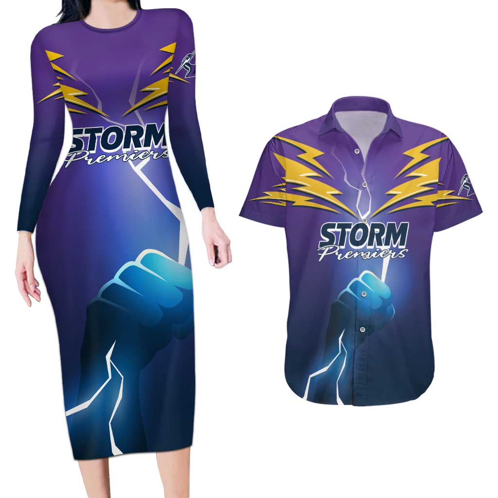 Storm Premiers Custom Couples Matching Long Sleeve Bodycon Dress and Hawaiian Shirt Thunder Catcher