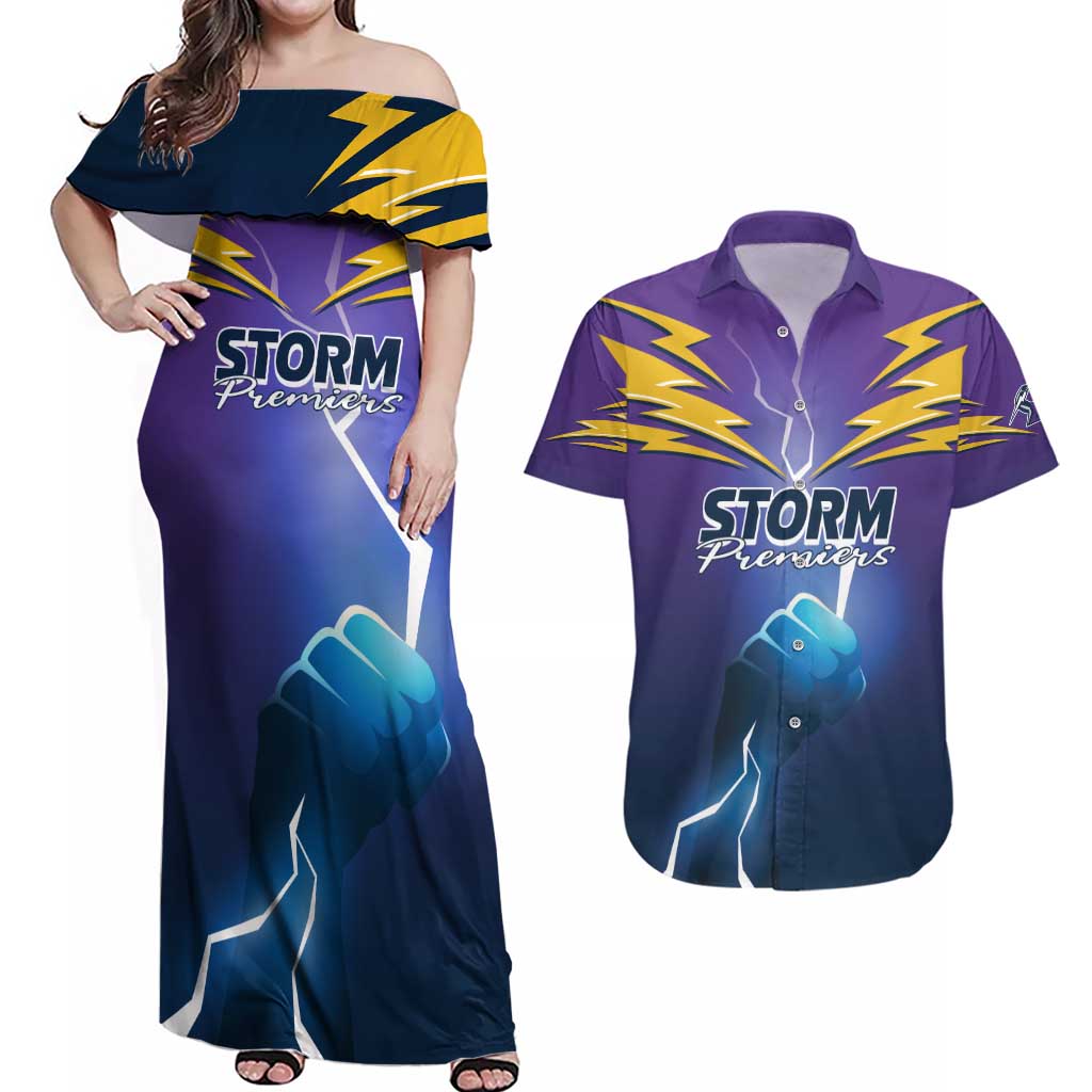 Storm Premiers Custom Couples Matching Off Shoulder Maxi Dress and Hawaiian Shirt Thunder Catcher