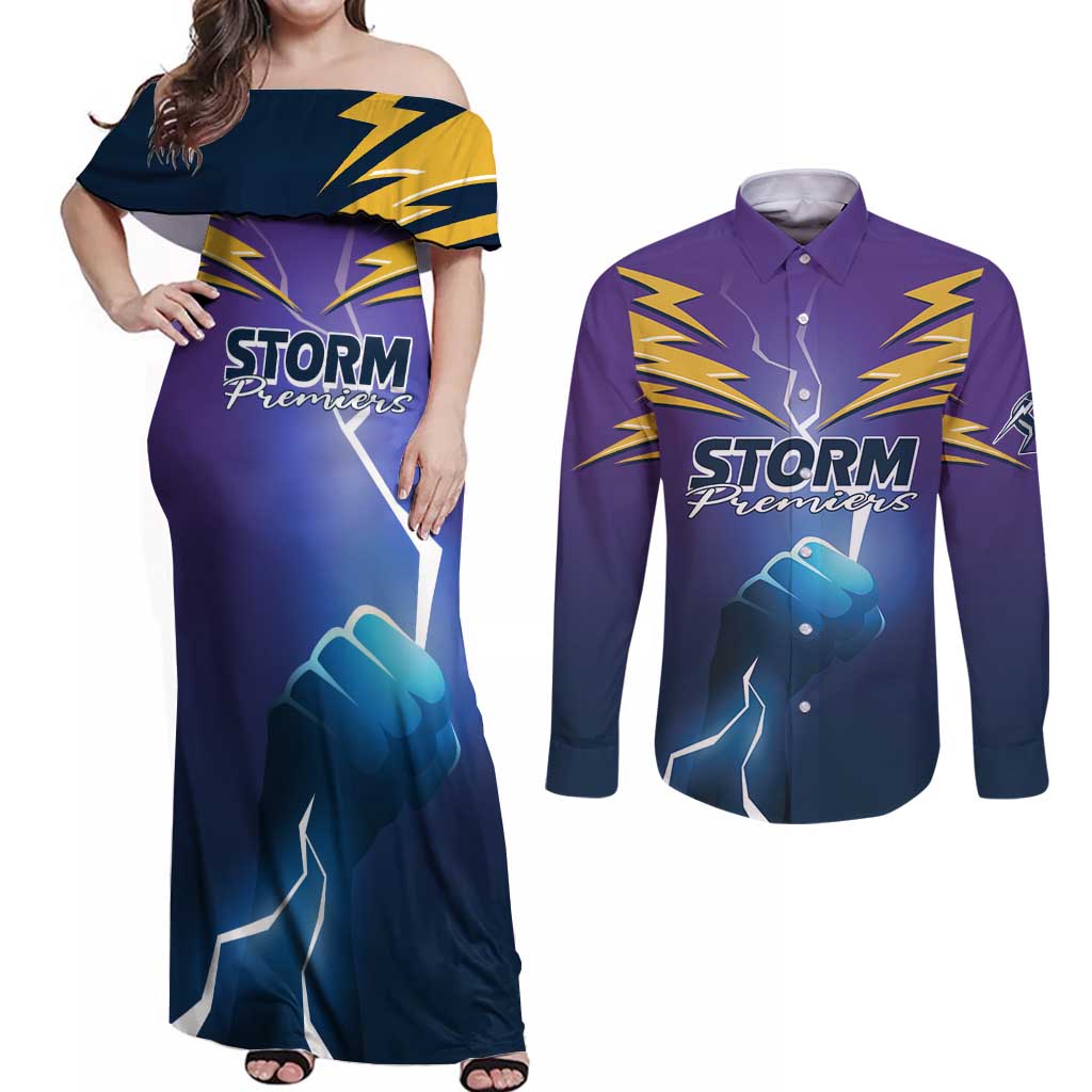 Storm Premiers Custom Couples Matching Off Shoulder Maxi Dress and Long Sleeve Button Shirt Thunder Catcher