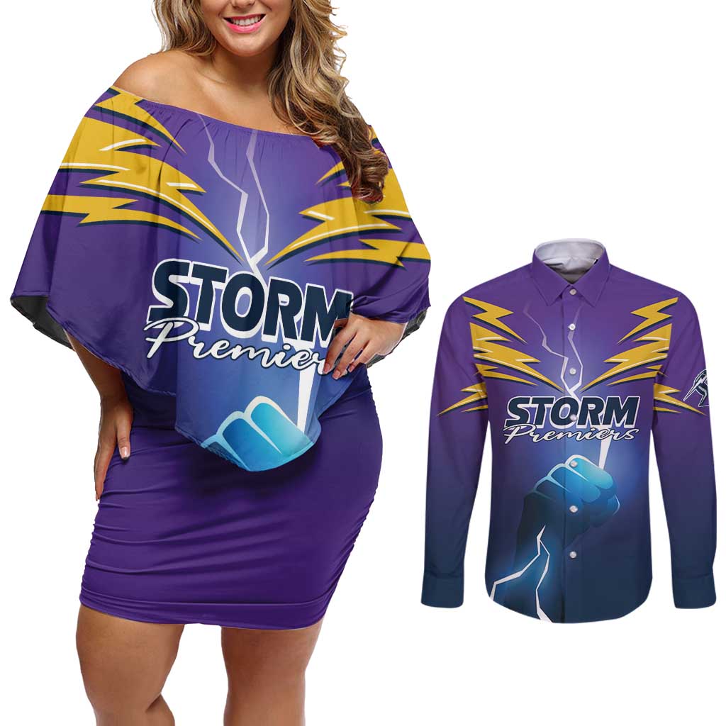 Storm Premiers Custom Couples Matching Off Shoulder Short Dress and Long Sleeve Button Shirt Thunder Catcher
