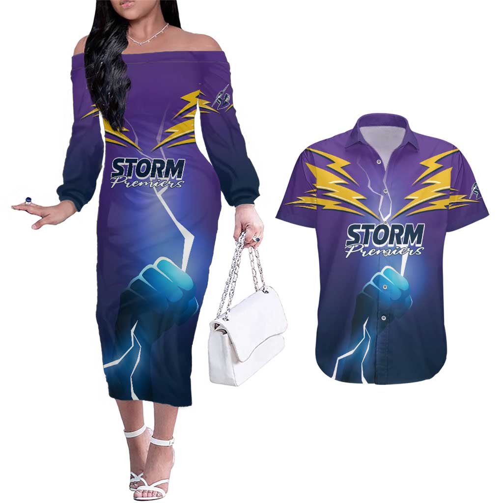 Storm Premiers Custom Couples Matching Off The Shoulder Long Sleeve Dress and Hawaiian Shirt Thunder Catcher