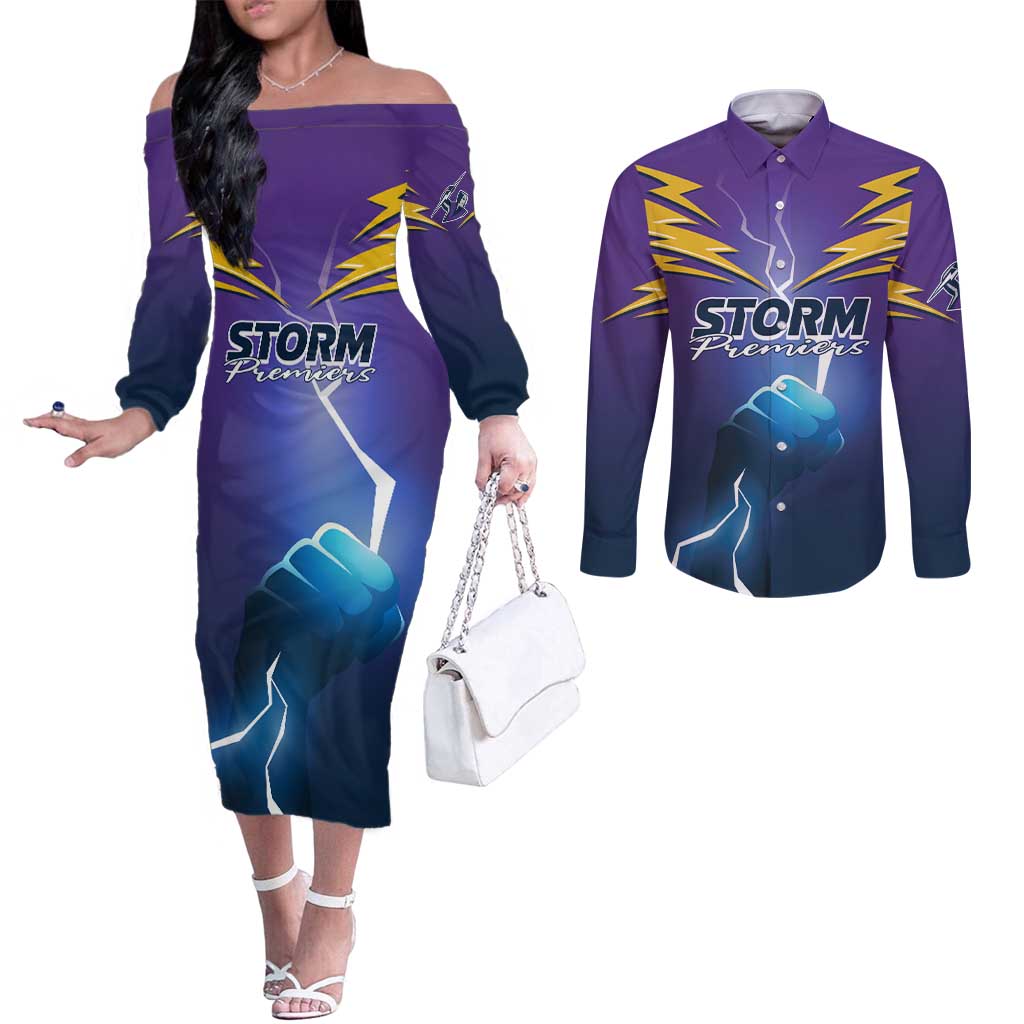 Storm Premiers Custom Couples Matching Off The Shoulder Long Sleeve Dress and Long Sleeve Button Shirt Thunder Catcher