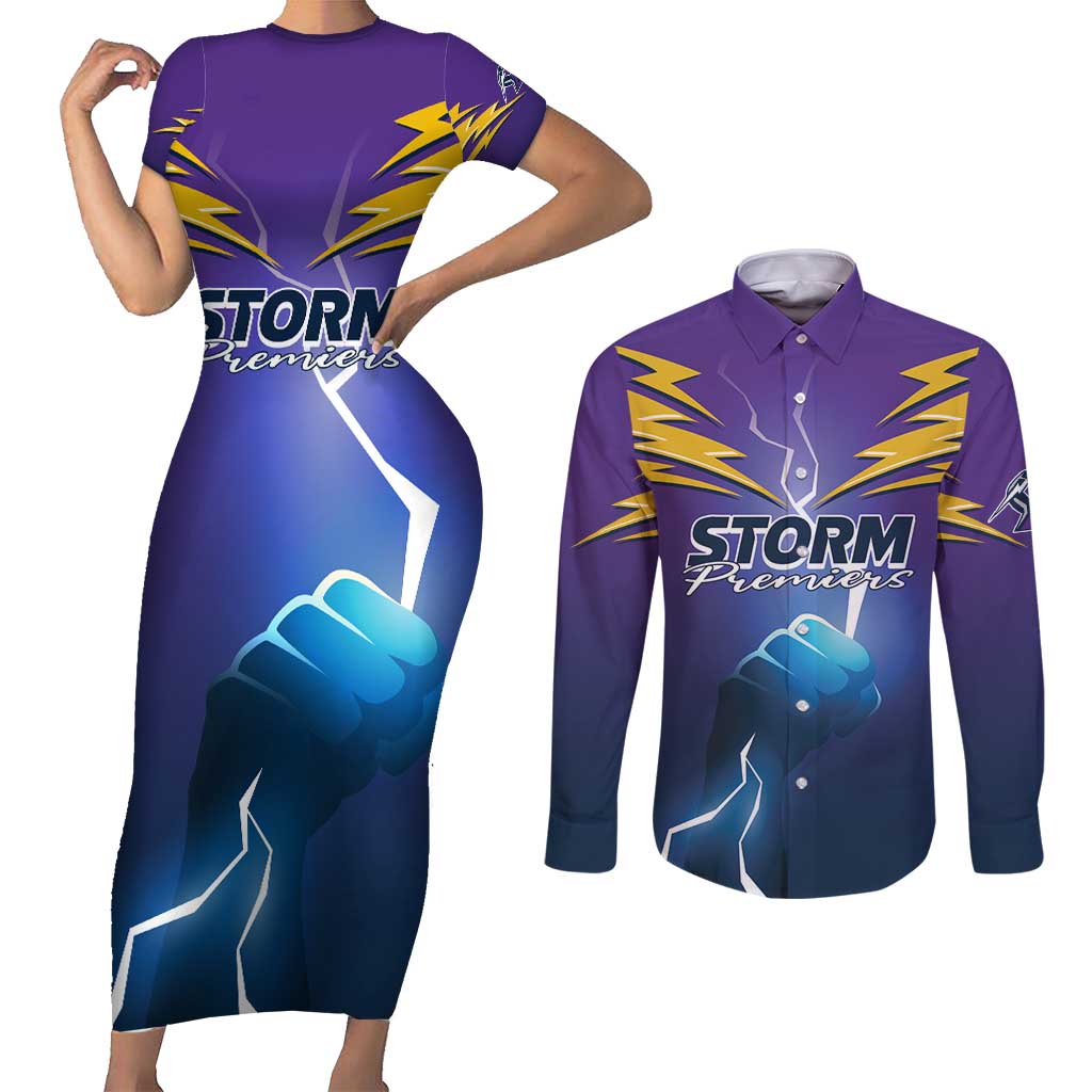 Storm Premiers Custom Couples Matching Short Sleeve Bodycon Dress and Long Sleeve Button Shirt Thunder Catcher
