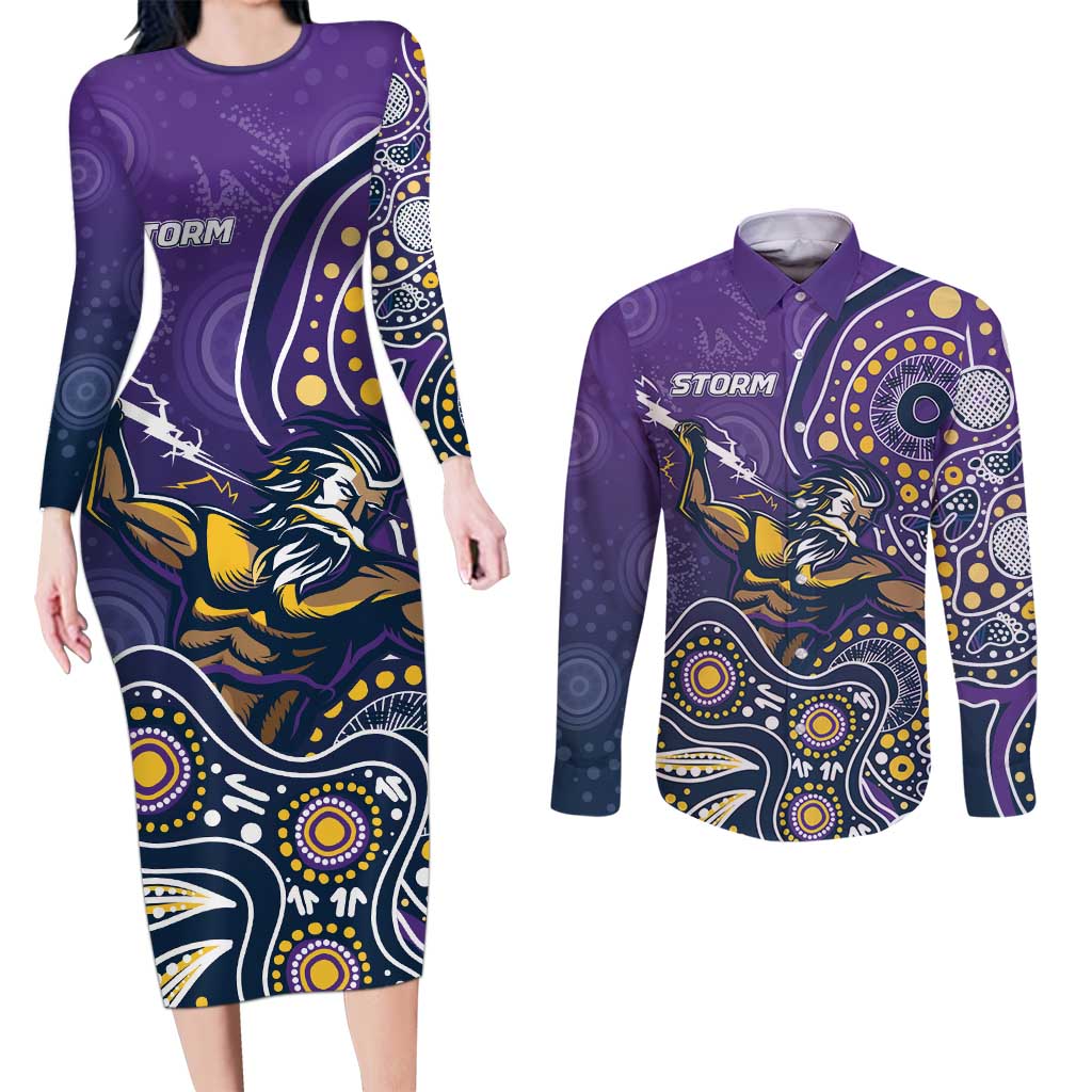 Personalised Storm Rugby Aboriginal Couples Matching Long Sleeve Bodycon Dress and Long Sleeve Button Shirt 2024 GO Storms