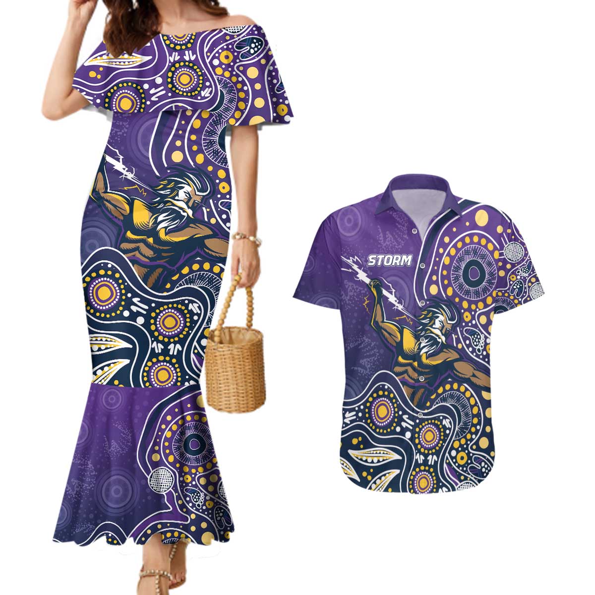 Personalised Storm Rugby Aboriginal Couples Matching Mermaid Dress and Hawaiian Shirt 2024 GO Storms