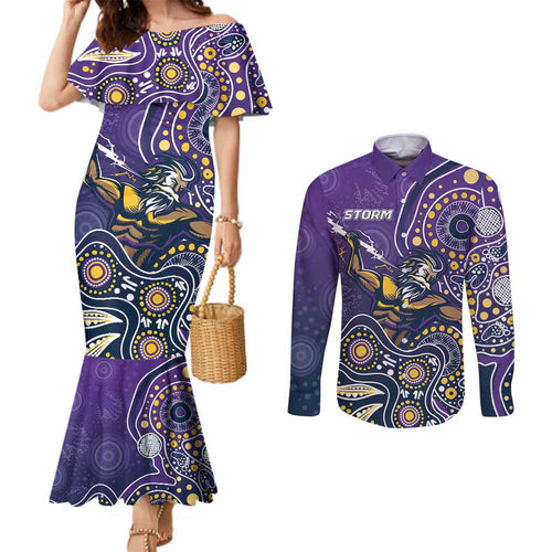 Personalised Storm Rugby Aboriginal Couples Matching Mermaid Dress and Long Sleeve Button Shirt 2024 GO Storms