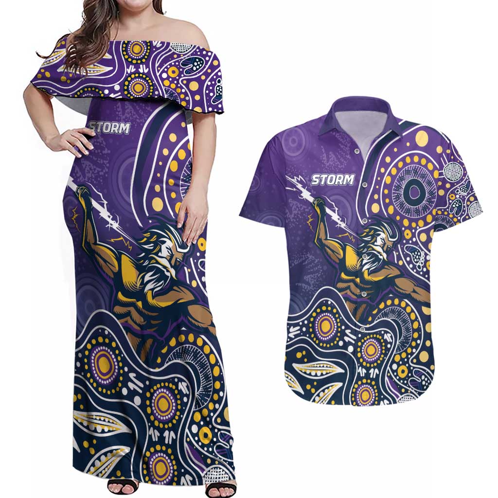 Personalised Storm Rugby Aboriginal Couples Matching Off Shoulder Maxi Dress and Hawaiian Shirt 2024 GO Storms