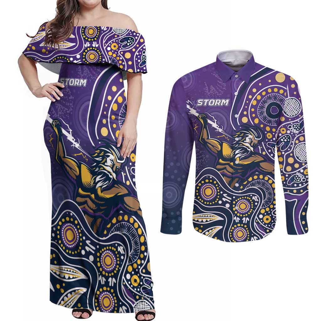 Personalised Storm Rugby Aboriginal Couples Matching Off Shoulder Maxi Dress and Long Sleeve Button Shirt 2024 GO Storms