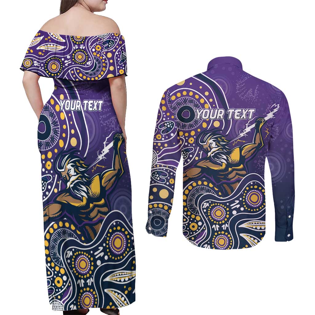 Personalised Storm Rugby Aboriginal Couples Matching Off Shoulder Maxi Dress and Long Sleeve Button Shirt 2024 GO Storms