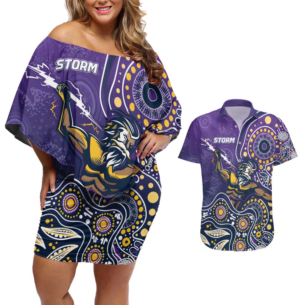 Personalised Storm Rugby Aboriginal Couples Matching Off Shoulder Short Dress and Hawaiian Shirt 2024 GO Storms