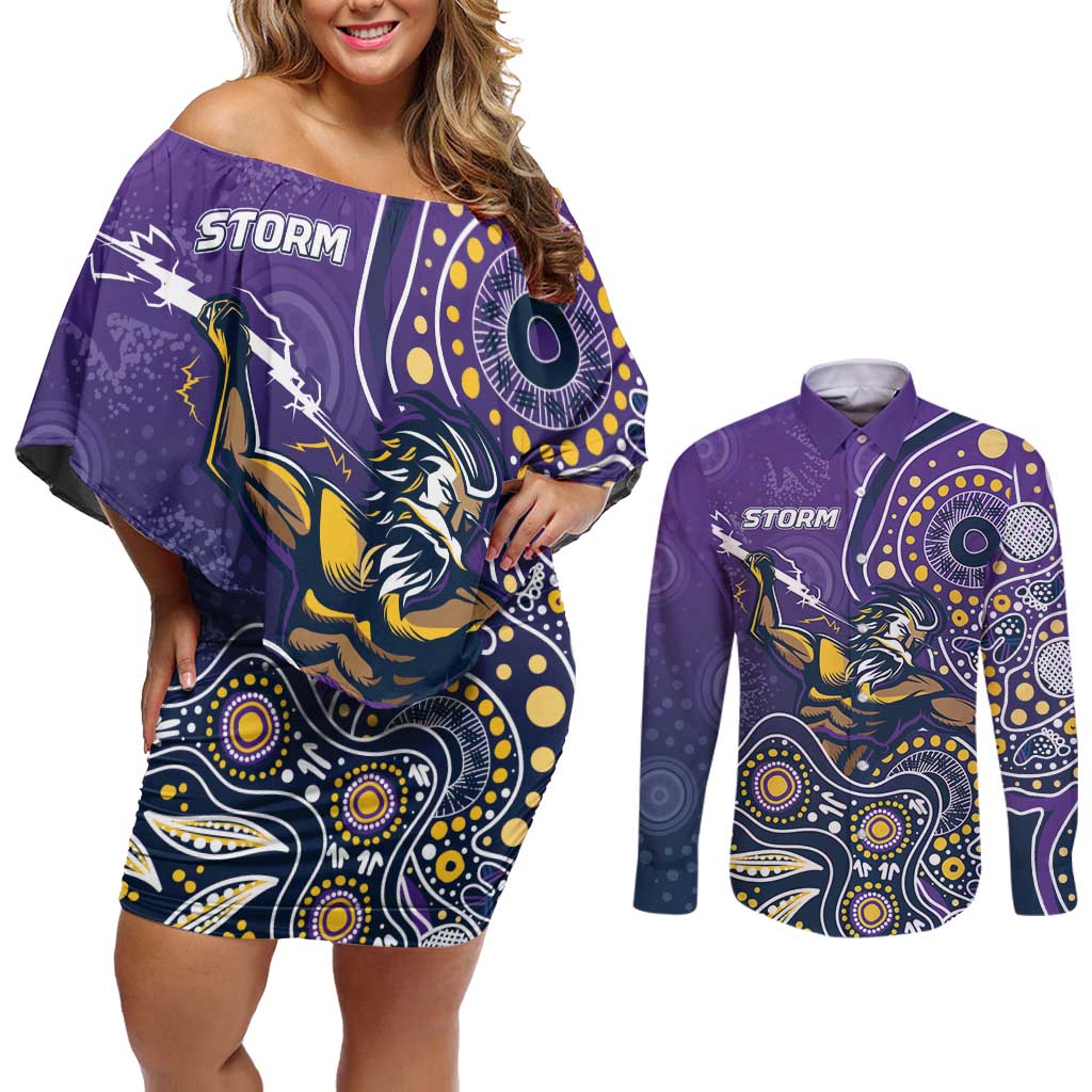 Personalised Storm Rugby Aboriginal Couples Matching Off Shoulder Short Dress and Long Sleeve Button Shirt 2024 GO Storms