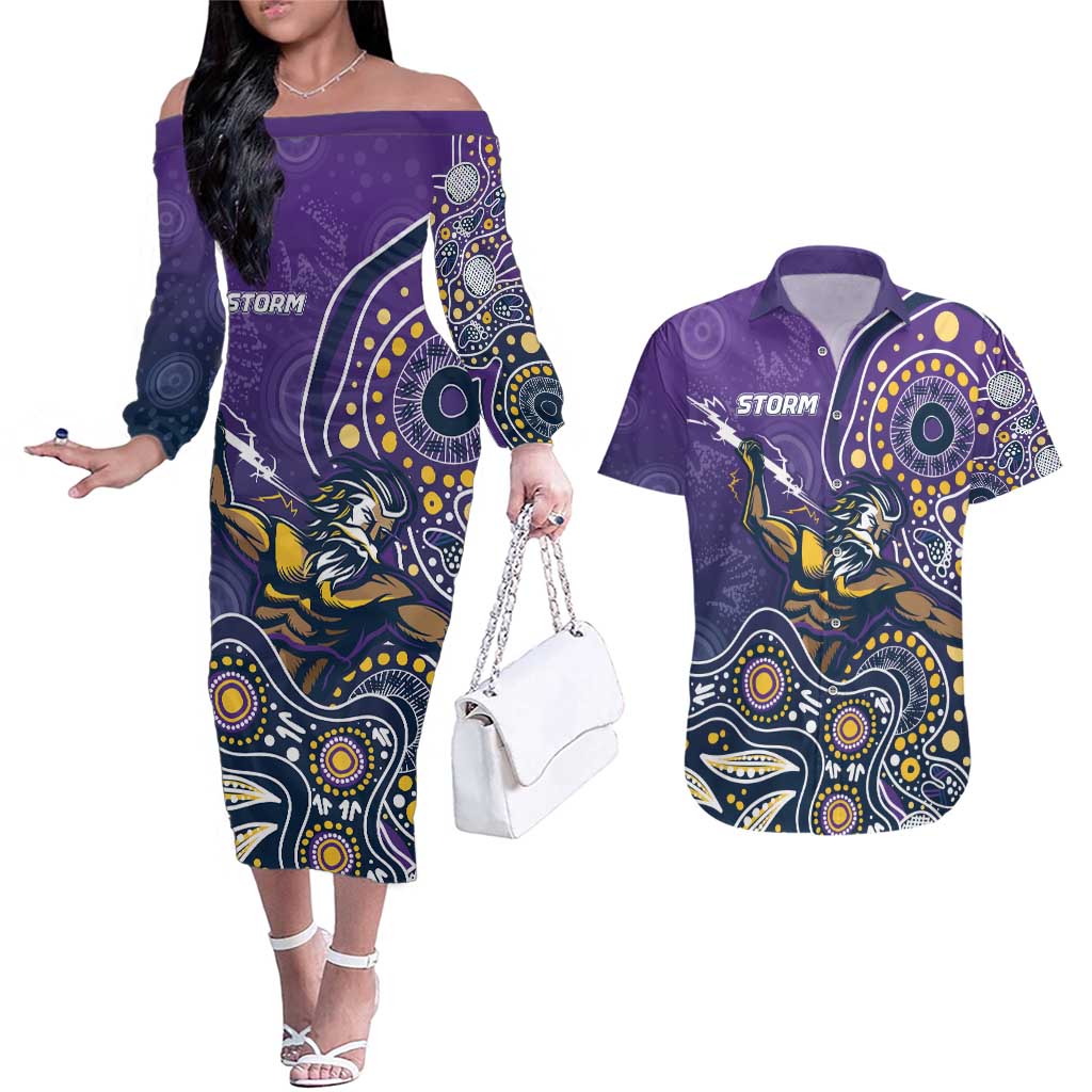 Personalised Storm Rugby Aboriginal Couples Matching Off The Shoulder Long Sleeve Dress and Hawaiian Shirt 2024 GO Storms