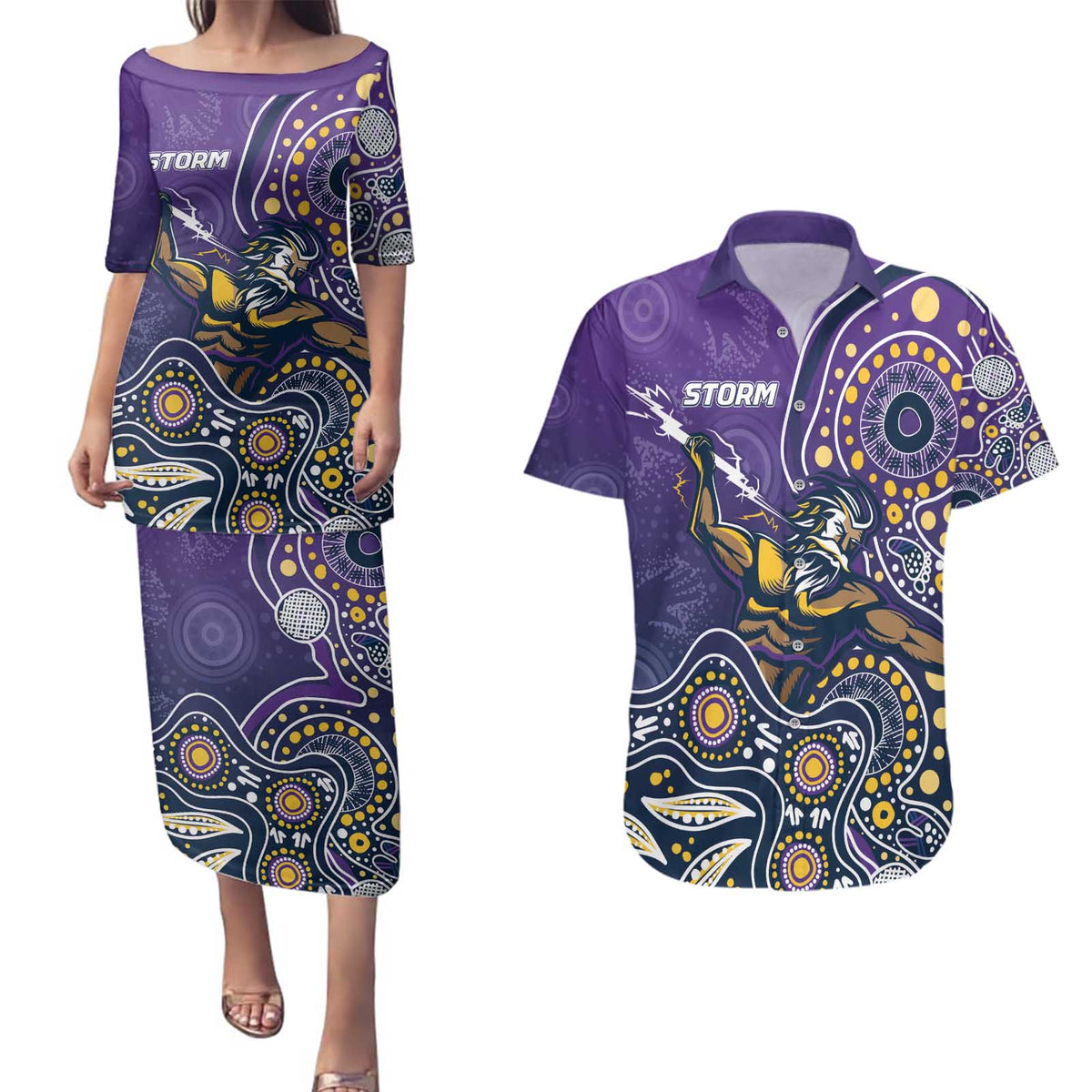 Personalised Storm Rugby Aboriginal Couples Matching Puletasi and Hawaiian Shirt 2024 GO Storms