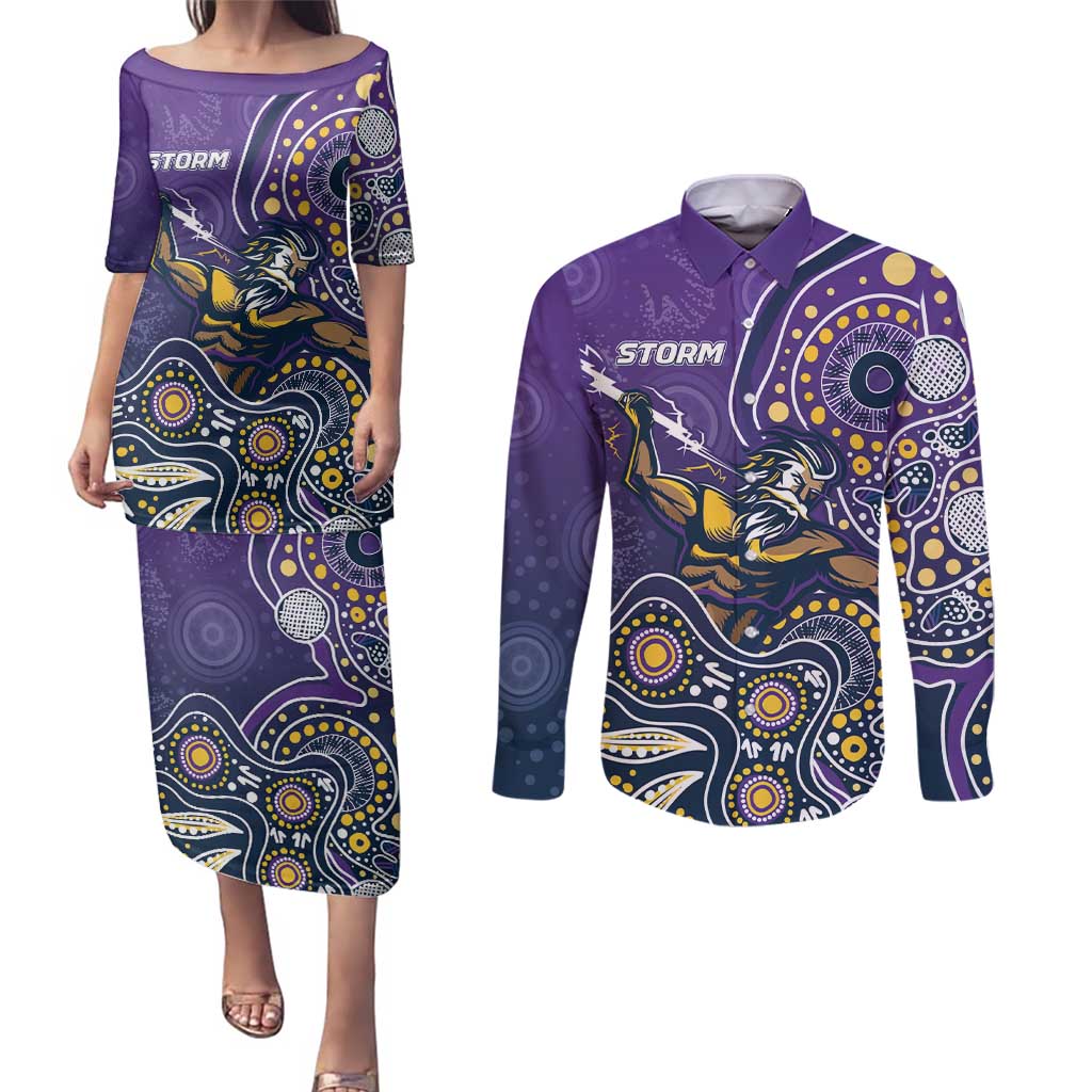 Personalised Storm Rugby Aboriginal Couples Matching Puletasi and Long Sleeve Button Shirt 2024 GO Storms