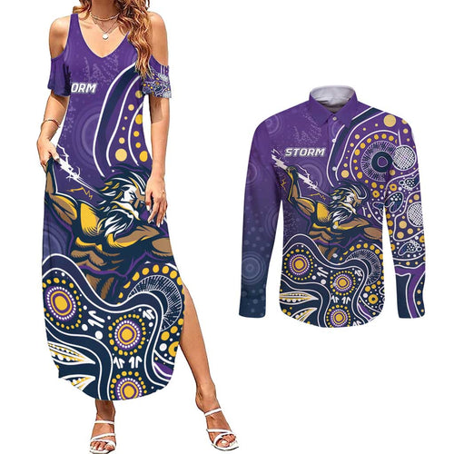 Personalised Storm Rugby Aboriginal Couples Matching Summer Maxi Dress and Long Sleeve Button Shirt 2024 GO Storms