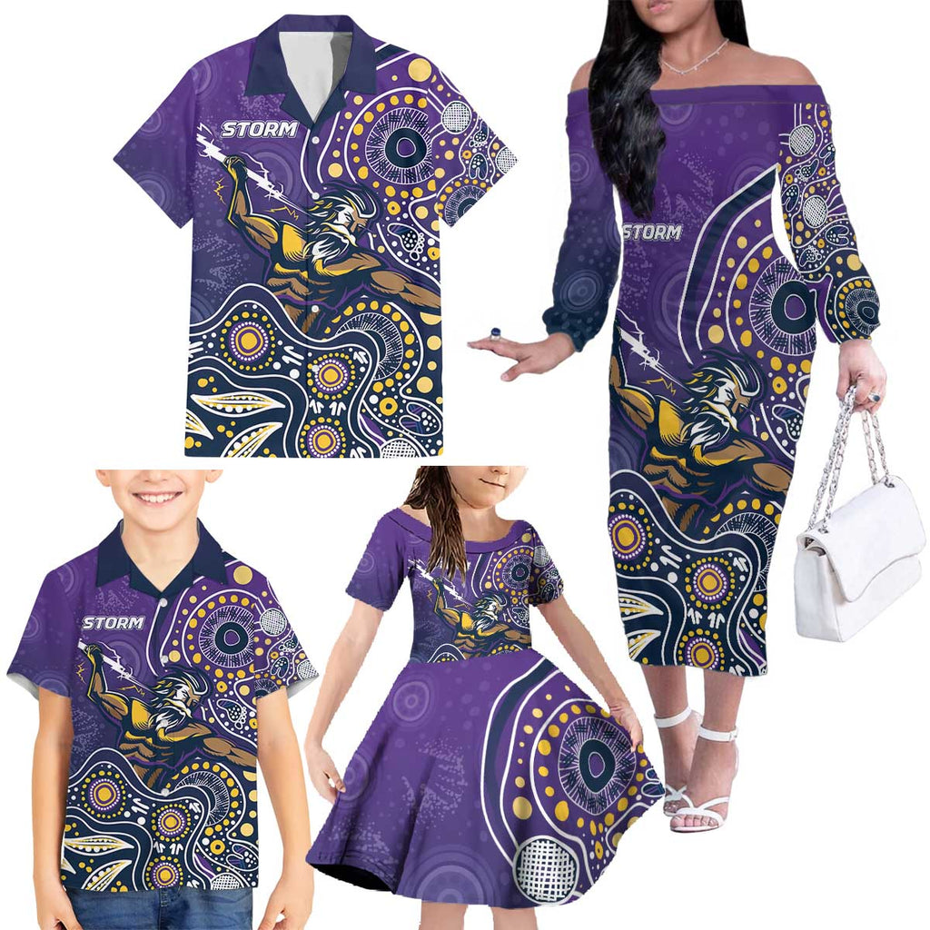Personalised Storm Rugby Aboriginal Family Matching Off The Shoulder Long Sleeve Dress and Hawaiian Shirt 2024 GO Storms