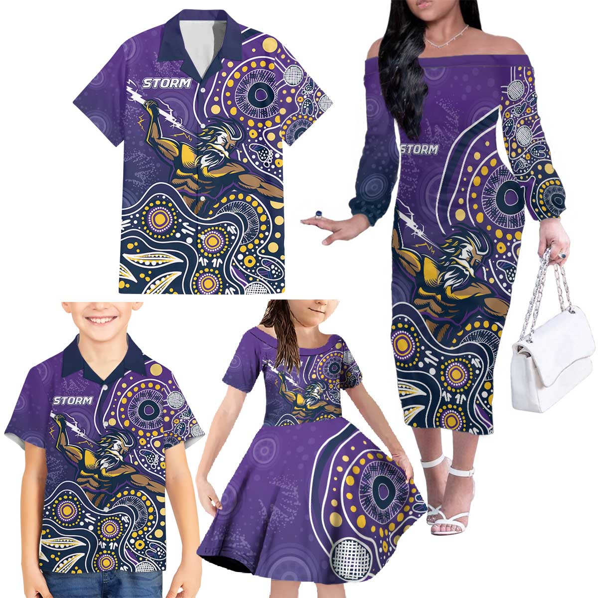 Personalised Storm Rugby Aboriginal Family Matching Off The Shoulder Long Sleeve Dress and Hawaiian Shirt 2024 GO Storms