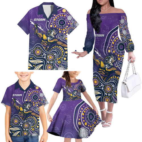 Personalised Storm Rugby Aboriginal Family Matching Off The Shoulder Long Sleeve Dress and Hawaiian Shirt 2024 GO Storms