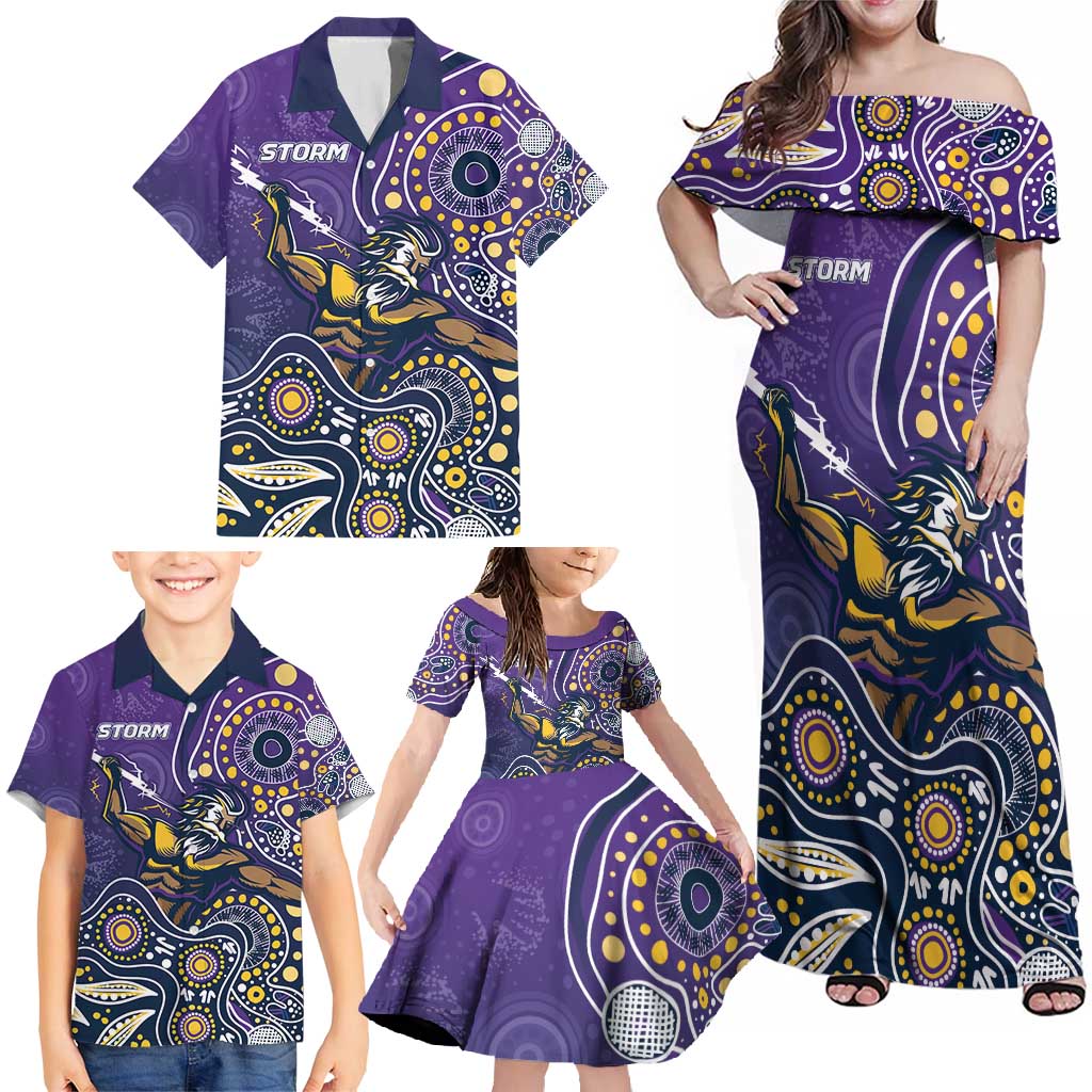 Personalised Storm Rugby Aboriginal Family Matching Off Shoulder Maxi Dress and Hawaiian Shirt 2024 GO Storms