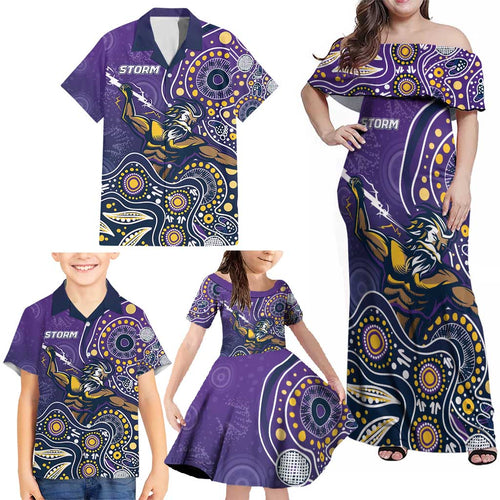 Personalised Storm Rugby Aboriginal Family Matching Off Shoulder Maxi Dress and Hawaiian Shirt 2024 GO Storms