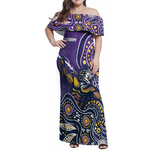 Personalised Storm Rugby Aboriginal Family Matching Off Shoulder Maxi Dress and Hawaiian Shirt 2024 GO Storms