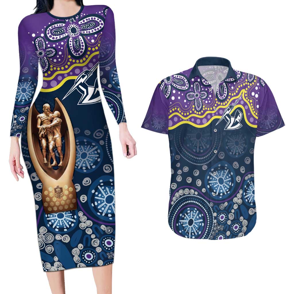 Melbourne Rugby NRL Custom Indigenous Couples Matching Long Sleeve Bodycon Dress and Hawaiian Shirt Raging Storms - Aussie Hoodie