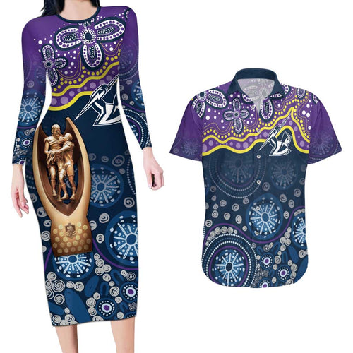 Melbourne Rugby NRL Custom Indigenous Couples Matching Long Sleeve Bodycon Dress and Hawaiian Shirt Raging Storms - Aussie Hoodie