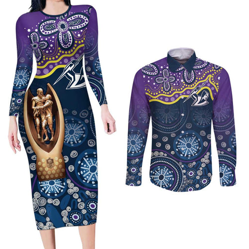Melbourne Rugby NRL Custom Indigenous Couples Matching Long Sleeve Bodycon Dress and Long Sleeve Button Shirt Raging Storms - Aussie Hoodie