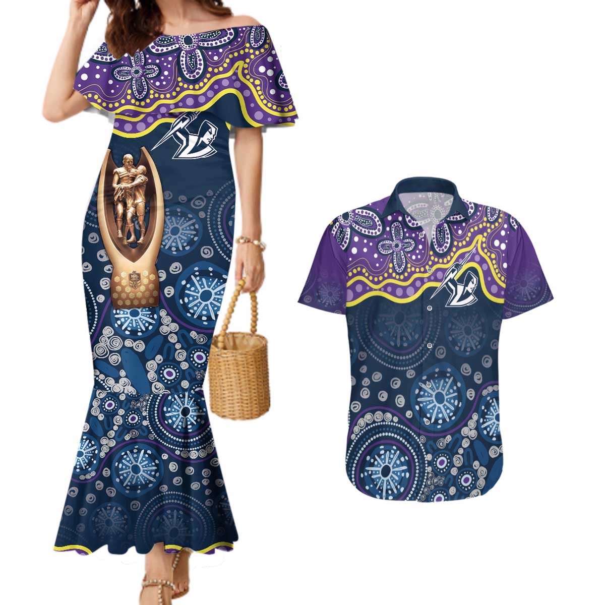 Melbourne Rugby NRL Custom Indigenous Couples Matching Mermaid Dress and Hawaiian Shirt Raging Storms - Aussie Hoodie