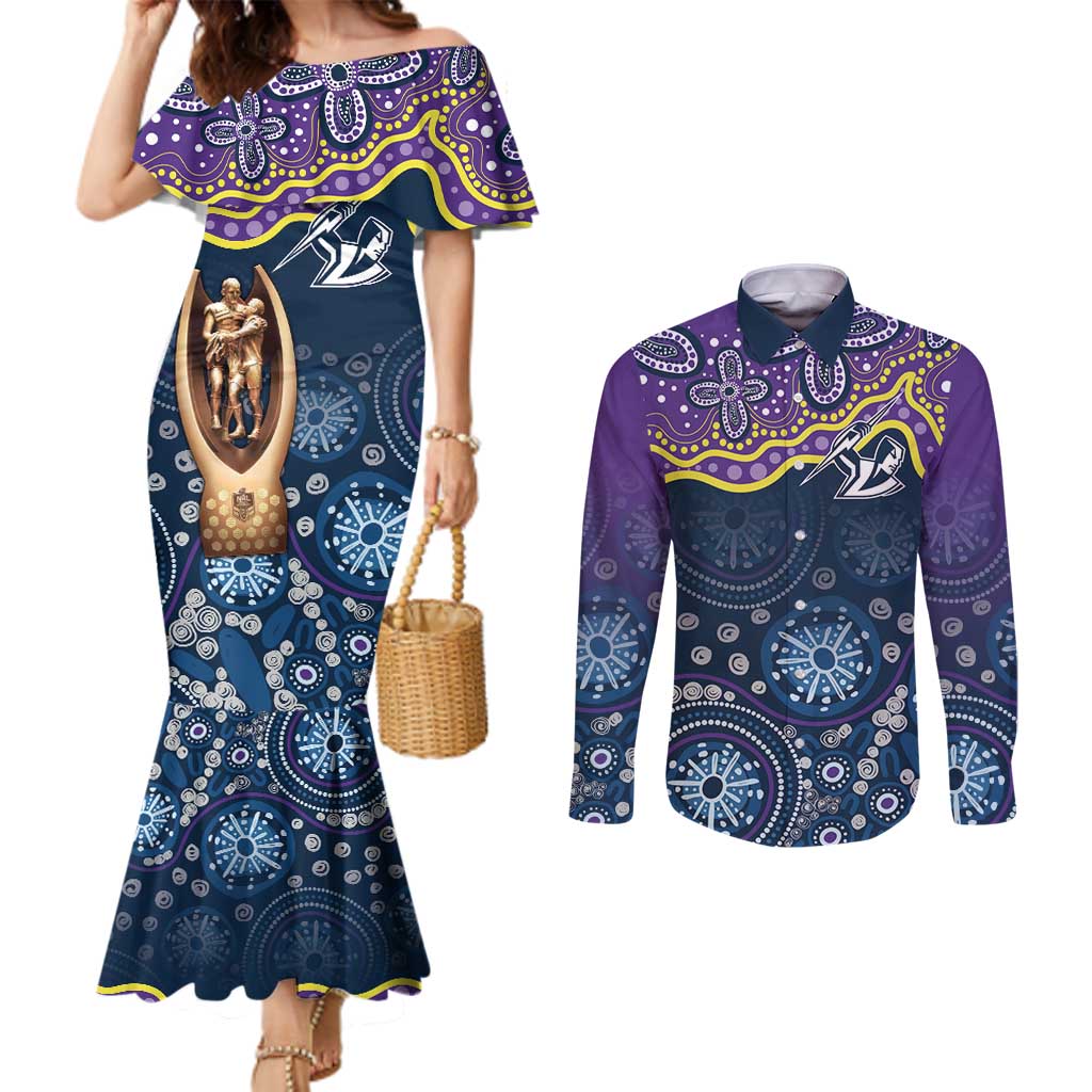 Melbourne Rugby NRL Custom Indigenous Couples Matching Mermaid Dress and Long Sleeve Button Shirt Raging Storms - Aussie Hoodie