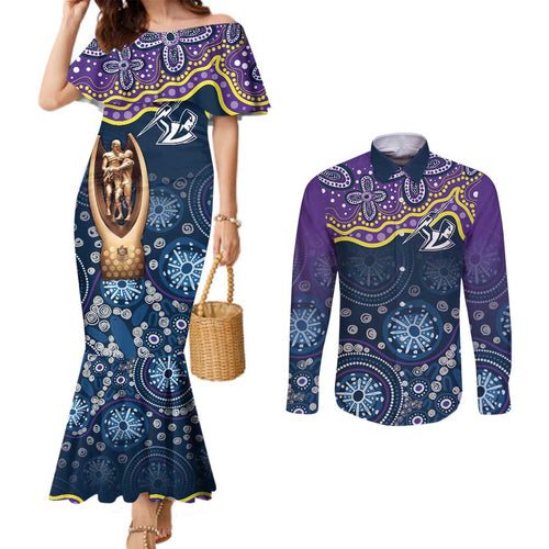 Melbourne Rugby NRL Custom Indigenous Couples Matching Mermaid Dress and Long Sleeve Button Shirt Raging Storms - Aussie Hoodie