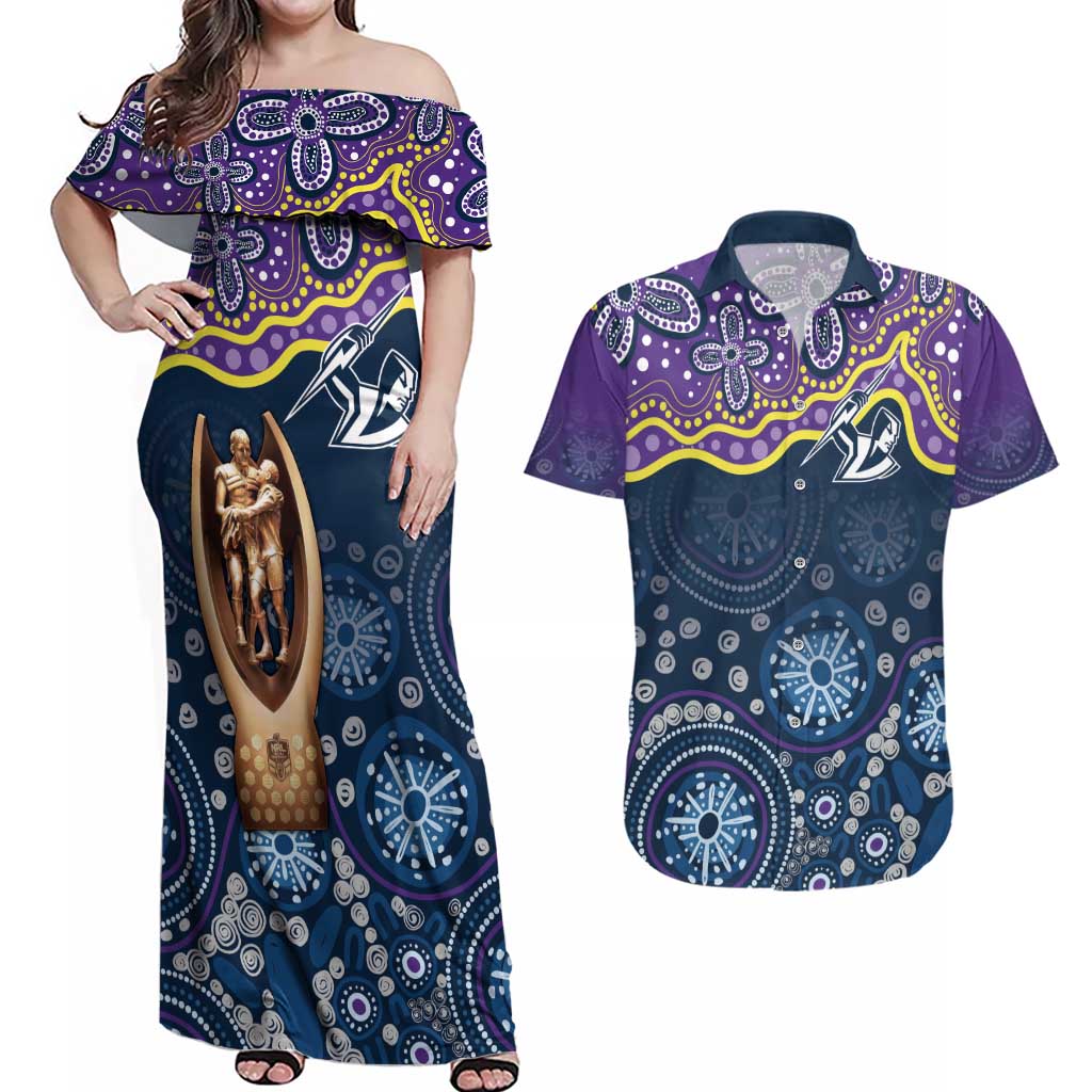 Melbourne Rugby NRL Custom Indigenous Couples Matching Off Shoulder Maxi Dress and Hawaiian Shirt Raging Storms - Aussie Hoodie