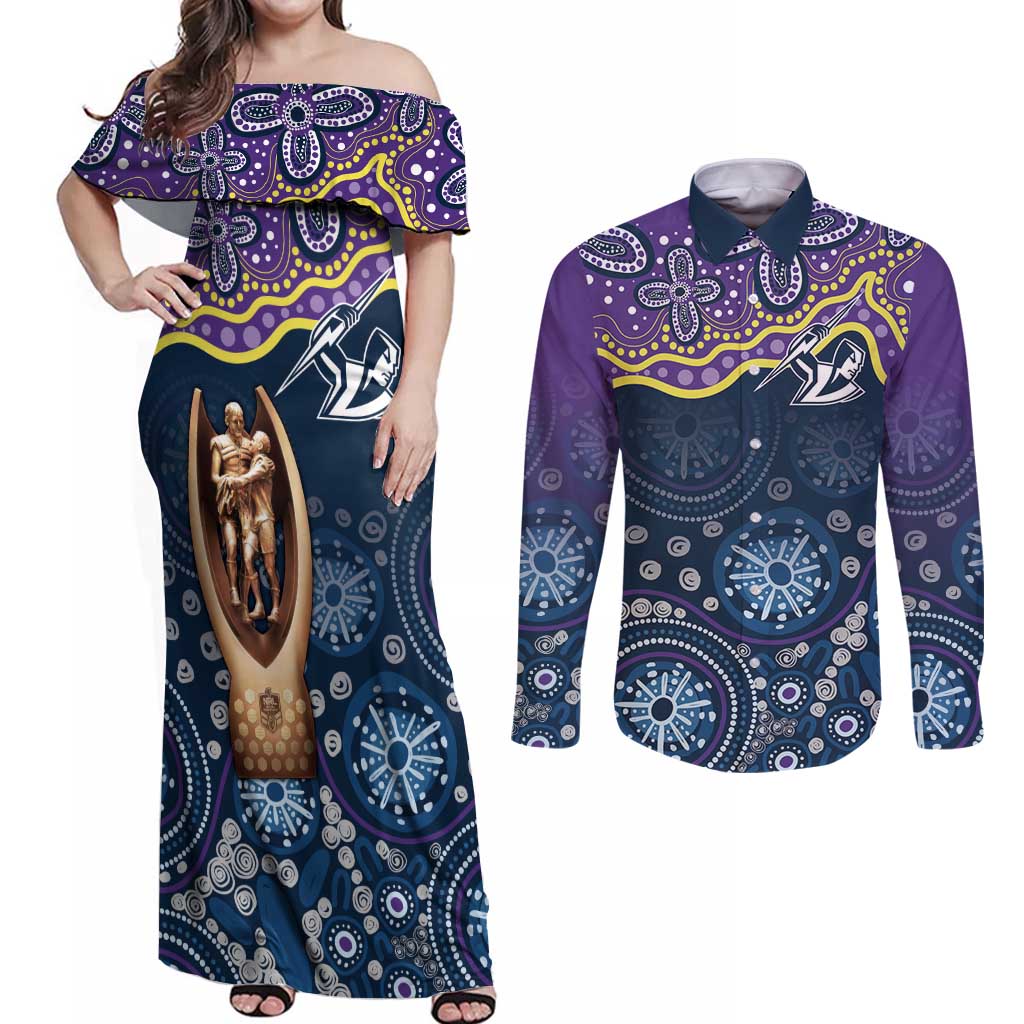 Melbourne Rugby NRL Custom Indigenous Couples Matching Off Shoulder Maxi Dress and Long Sleeve Button Shirt Raging Storms - Aussie Hoodie