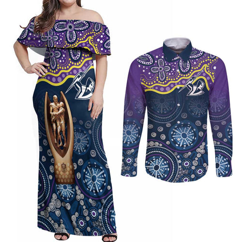 Melbourne Rugby NRL Custom Indigenous Couples Matching Off Shoulder Maxi Dress and Long Sleeve Button Shirt Raging Storms - Aussie Hoodie