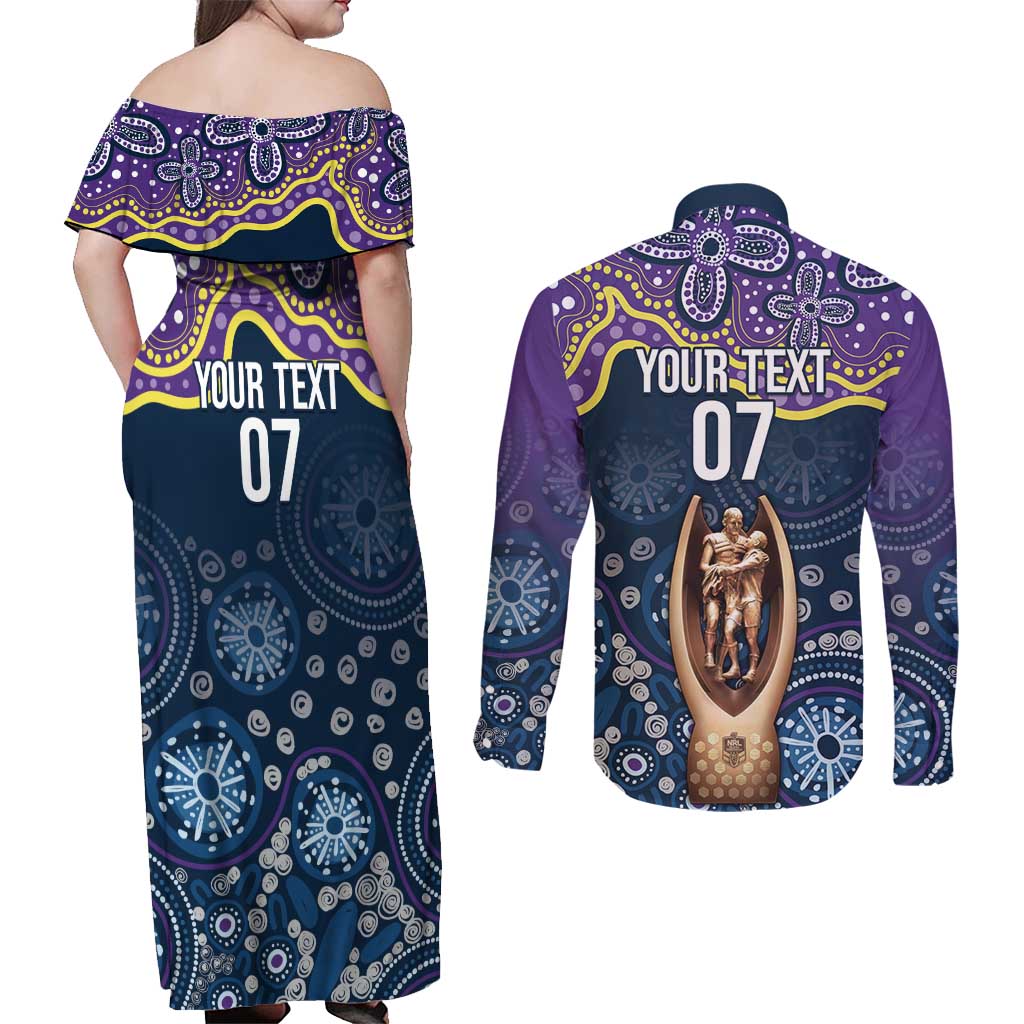 Melbourne Rugby NRL Custom Indigenous Couples Matching Off Shoulder Maxi Dress and Long Sleeve Button Shirt Raging Storms - Aussie Hoodie