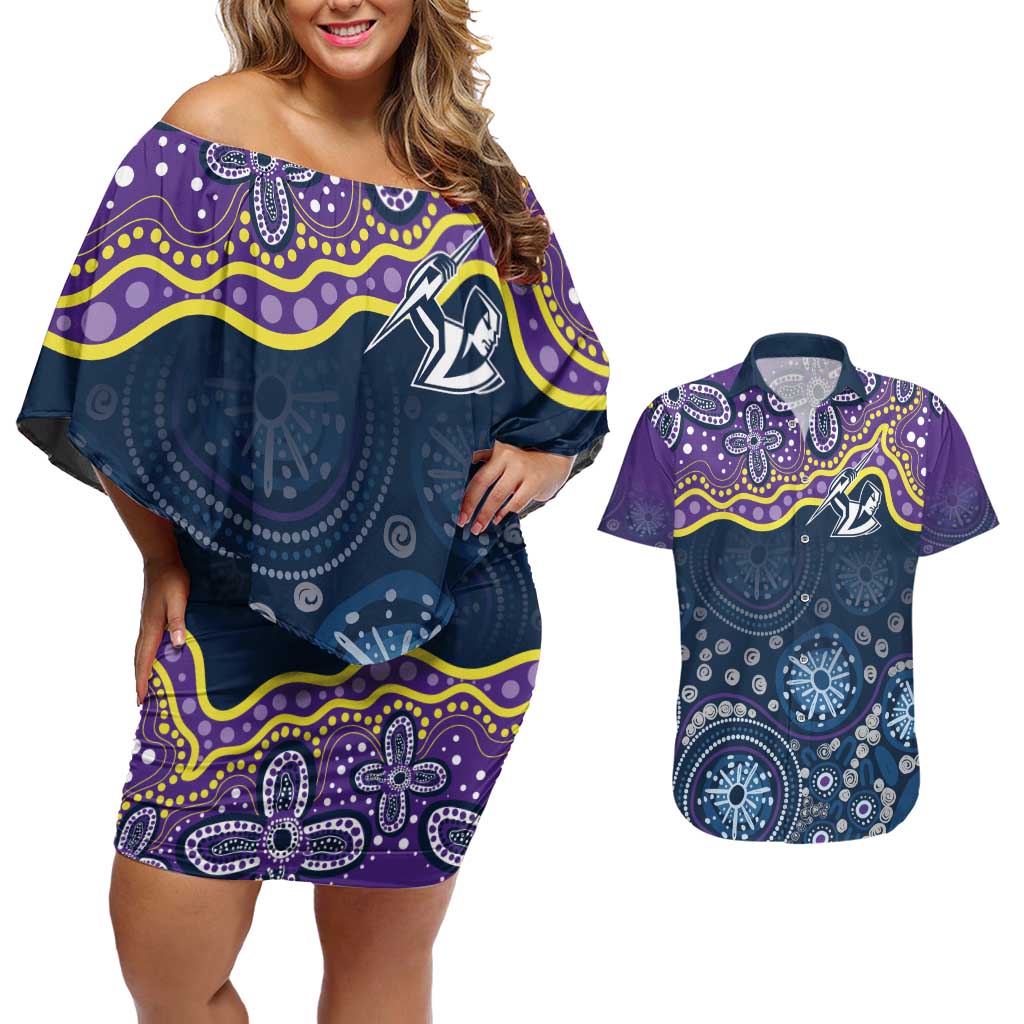 Melbourne Rugby NRL Custom Indigenous Couples Matching Off Shoulder Short Dress and Hawaiian Shirt Raging Storms - Aussie Hoodie