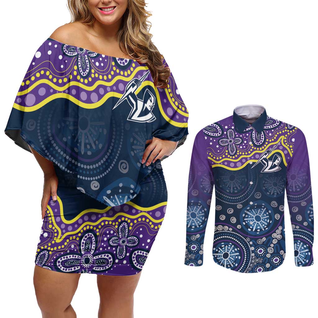 Melbourne Rugby NRL Custom Indigenous Couples Matching Off Shoulder Short Dress and Long Sleeve Button Shirt Raging Storms - Aussie Hoodie