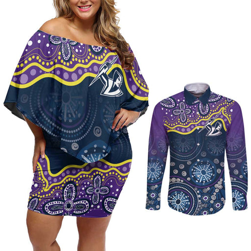 Melbourne Rugby NRL Custom Indigenous Couples Matching Off Shoulder Short Dress and Long Sleeve Button Shirt Raging Storms - Aussie Hoodie