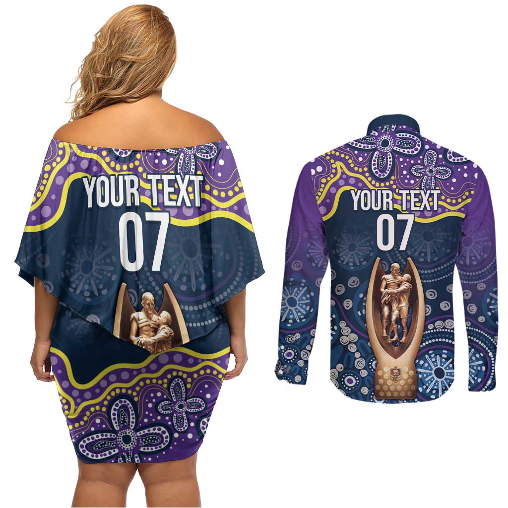 Melbourne Rugby NRL Custom Indigenous Couples Matching Off Shoulder Short Dress and Long Sleeve Button Shirt Raging Storms - Aussie Hoodie