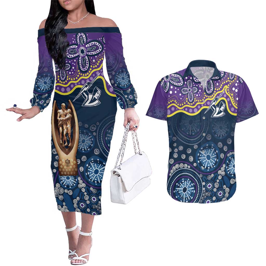 Melbourne Rugby NRL Custom Indigenous Couples Matching Off The Shoulder Long Sleeve Dress and Hawaiian Shirt Raging Storms - Aussie Hoodie