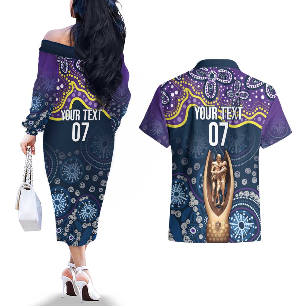 Melbourne Rugby NRL Custom Indigenous Couples Matching Off The Shoulder Long Sleeve Dress and Hawaiian Shirt Raging Storms - Aussie Hoodie