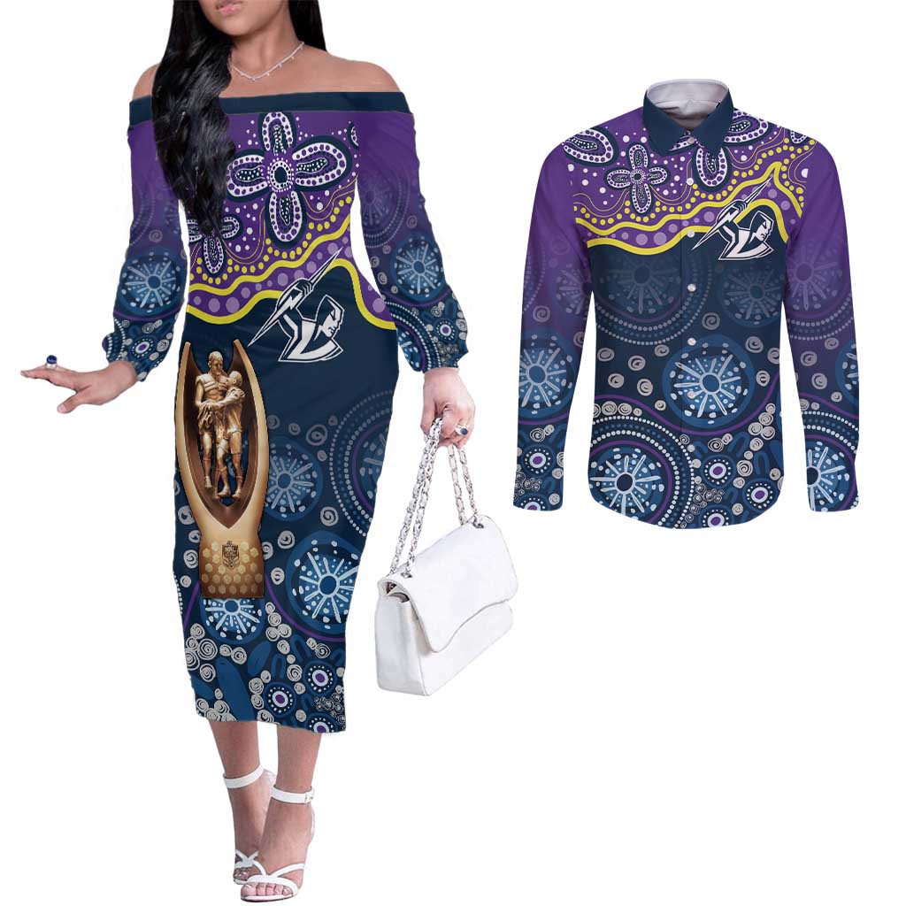 Melbourne Rugby NRL Custom Indigenous Couples Matching Off The Shoulder Long Sleeve Dress and Long Sleeve Button Shirt Raging Storms - Aussie Hoodie