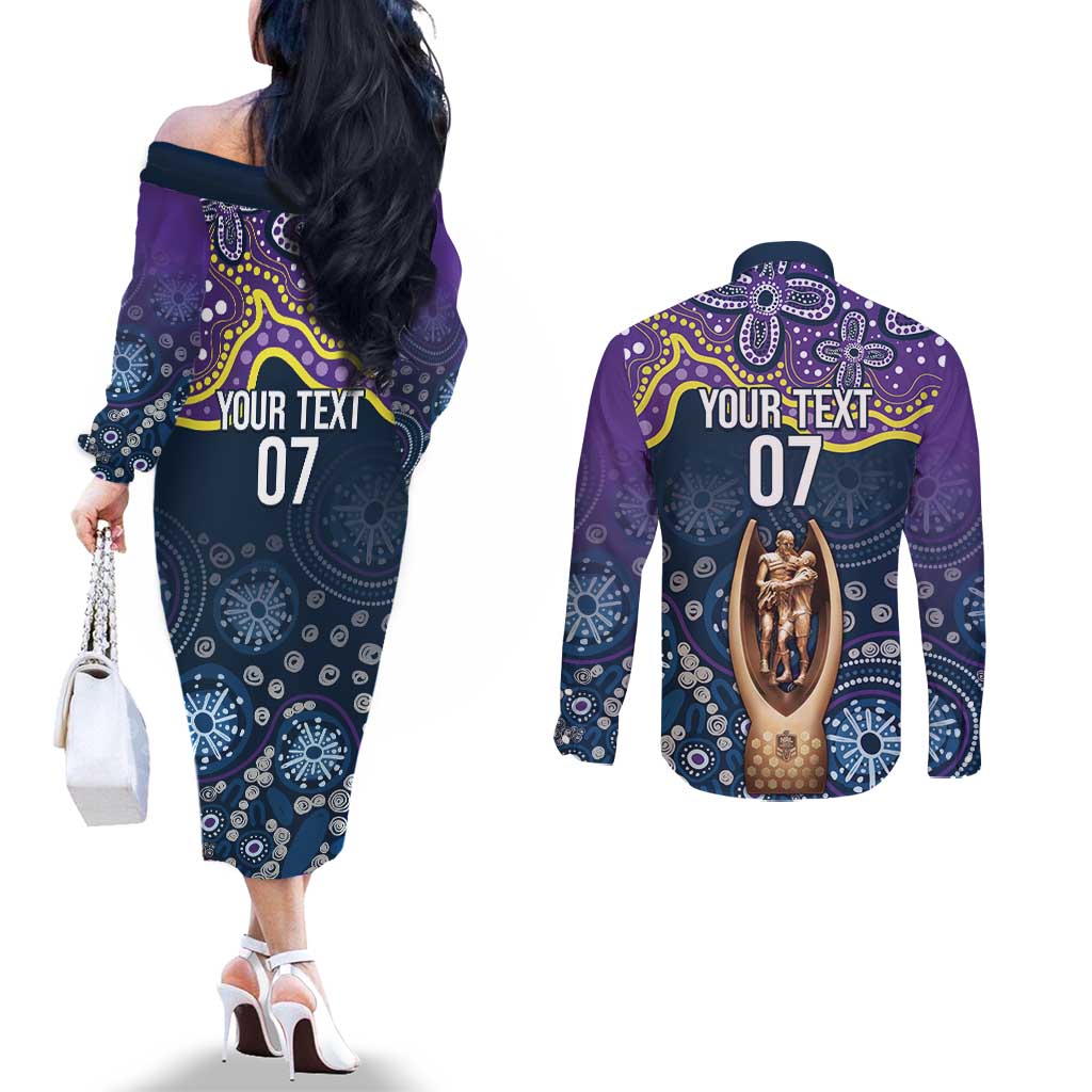 Melbourne Rugby NRL Custom Indigenous Couples Matching Off The Shoulder Long Sleeve Dress and Long Sleeve Button Shirt Raging Storms - Aussie Hoodie