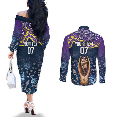 Melbourne Rugby NRL Custom Indigenous Couples Matching Off The Shoulder Long Sleeve Dress and Long Sleeve Button Shirt Raging Storms - Aussie Hoodie