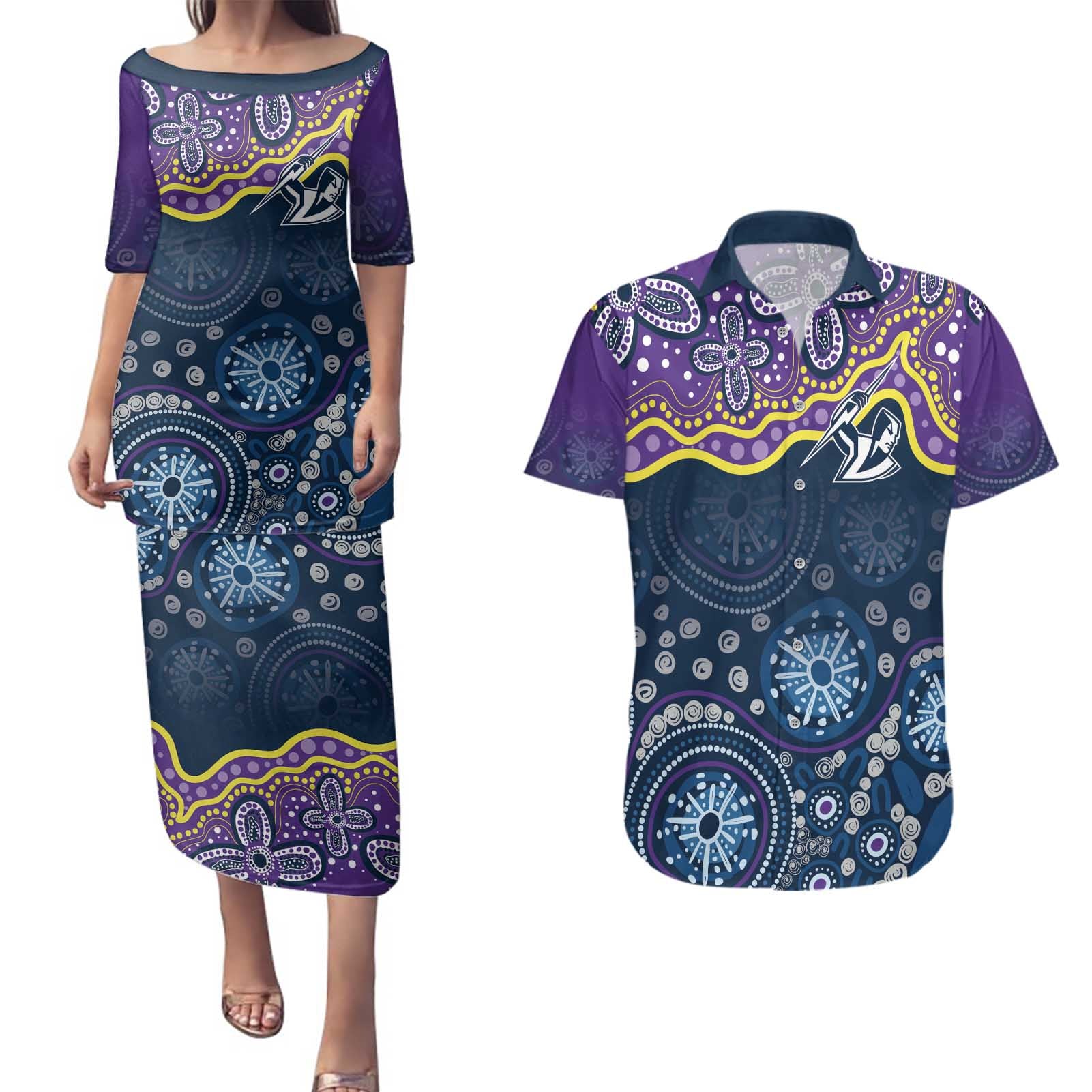 Melbourne Rugby NRL Custom Indigenous Couples Matching Puletasi and Hawaiian Shirt Raging Storms - Aussie Hoodie