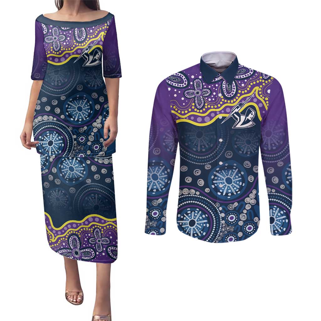 Melbourne Rugby NRL Custom Indigenous Couples Matching Puletasi and Long Sleeve Button Shirt Raging Storms - Aussie Hoodie