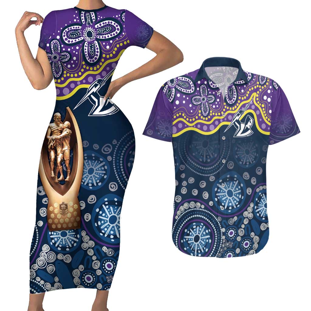 Melbourne Rugby NRL Custom Indigenous Couples Matching Short Sleeve Bodycon Dress and Hawaiian Shirt Raging Storms - Aussie Hoodie