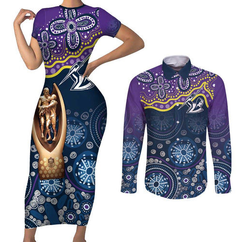 Melbourne Rugby NRL Custom Indigenous Couples Matching Short Sleeve Bodycon Dress and Long Sleeve Button Shirt Raging Storms - Aussie Hoodie