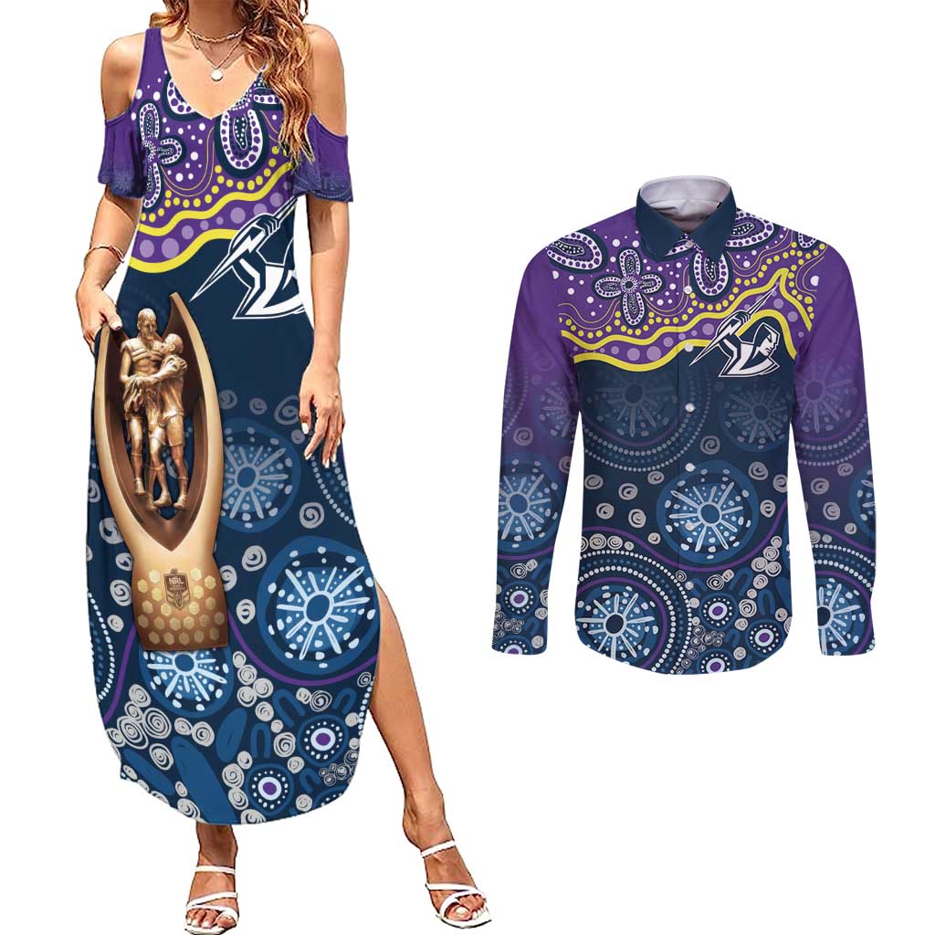 Melbourne Rugby NRL Custom Indigenous Couples Matching Summer Maxi Dress and Long Sleeve Button Shirt Raging Storms - Aussie Hoodie